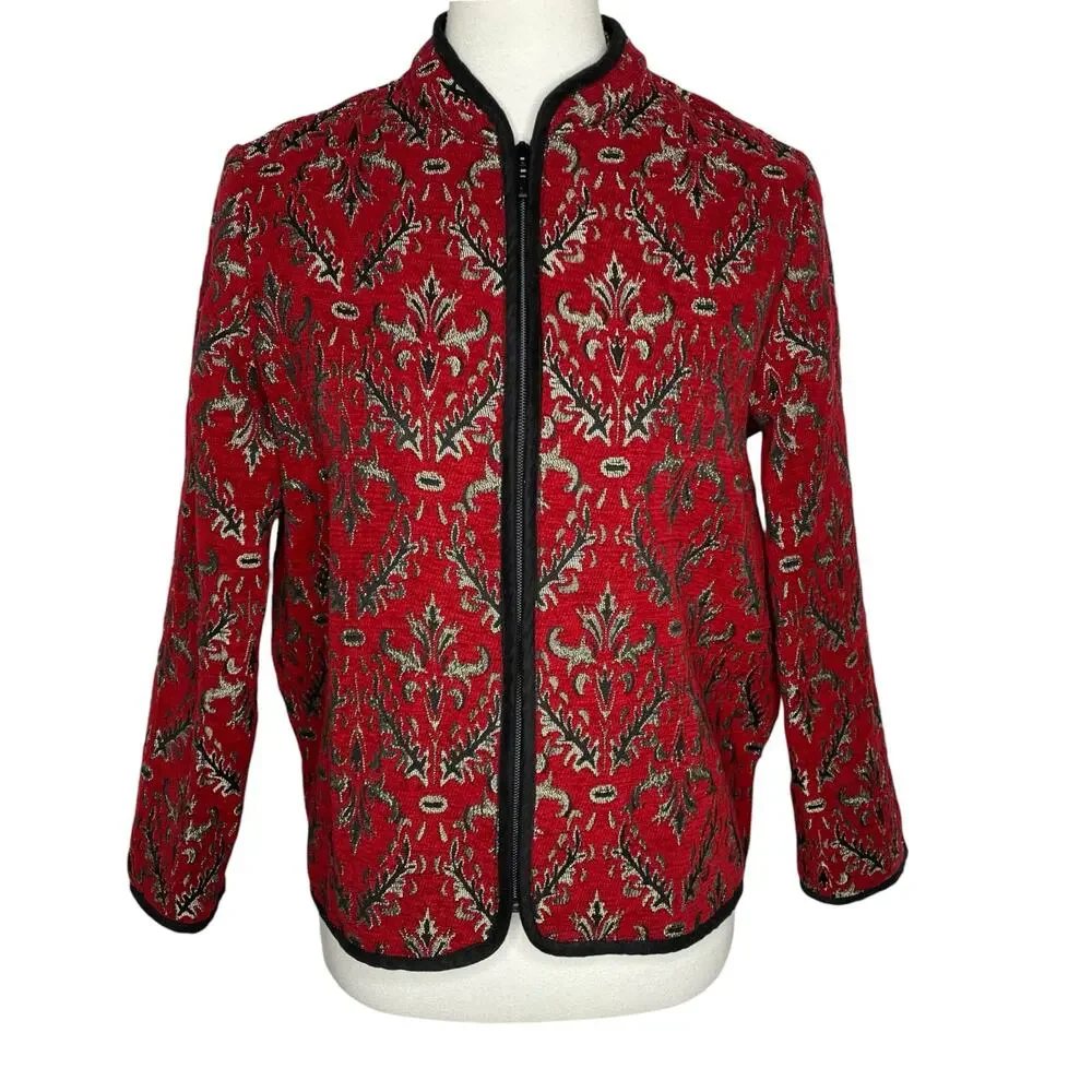 Vintage Tapestry Jacket Red Metallic Zip Up Cardigan Medium Petite Granny